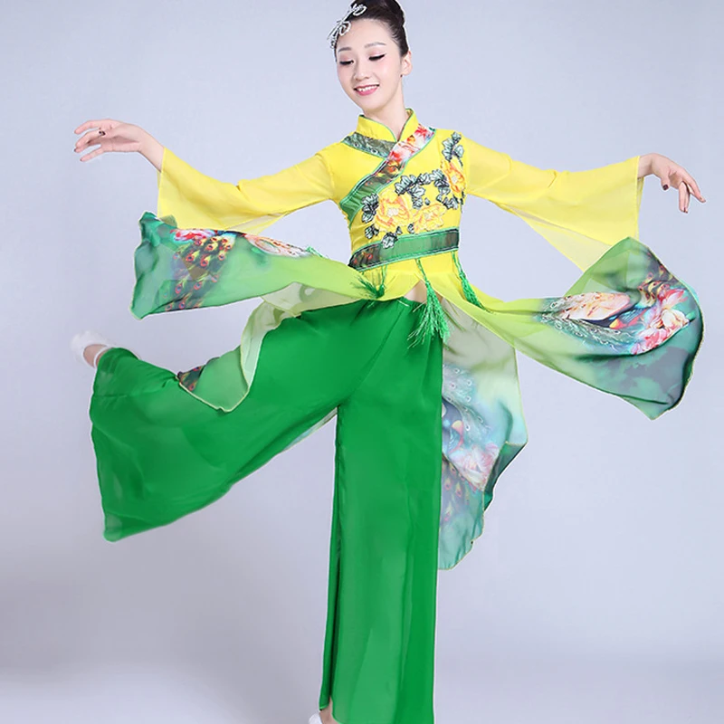 Traje de baile de abanico clásico para adultos, ropa de danza folclórica Yangko elegante, ropa de práctica de rendimiento, vestido tradicional chino Yangge