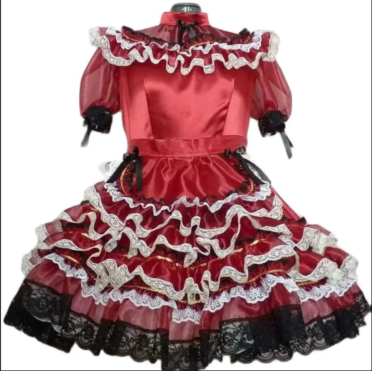 

Maid Deep Red Satin Lockable French Hot Selling Adult Sissy Dress Paired with Bow Flower Independent Apron Customization
