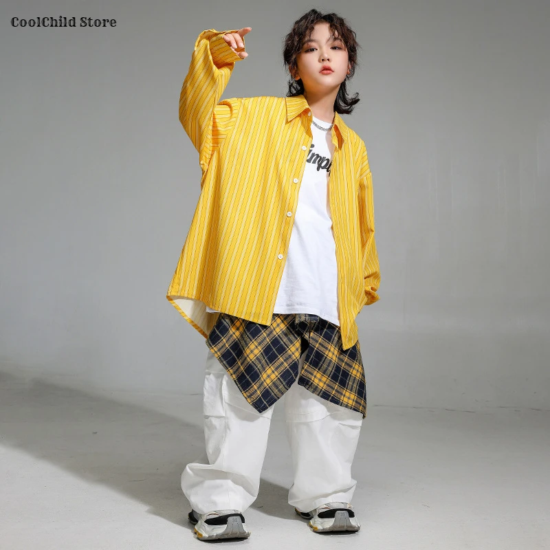 Boys Hip Hop Loose Striped Shirt Cargo Pants Girls Street Dance Blouse Children K-pop Costumes Clothes Sets Kids Jazz Streetwear