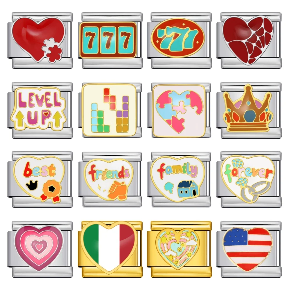 Fashion Colorful Glaze ​Chess Card Game Heart Map Family Italian Bracelet Link fit 9mm Stainless Steel Charm Jewelry DIY Making