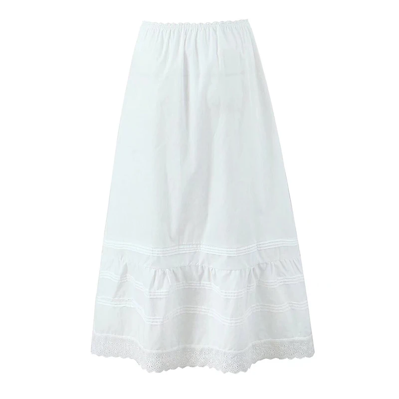 YENKYE Sweet Women Lace Spliced White A-line Midi Skirt Sexy Low Waist Holiday Summer Skirt Cotton