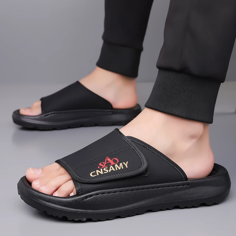 Men Adjustable Strap Slide Sandals Embroidered Letter Open Toe Slippers Thick Platform Non Slip Soft Sole Summer Casual Outdoor