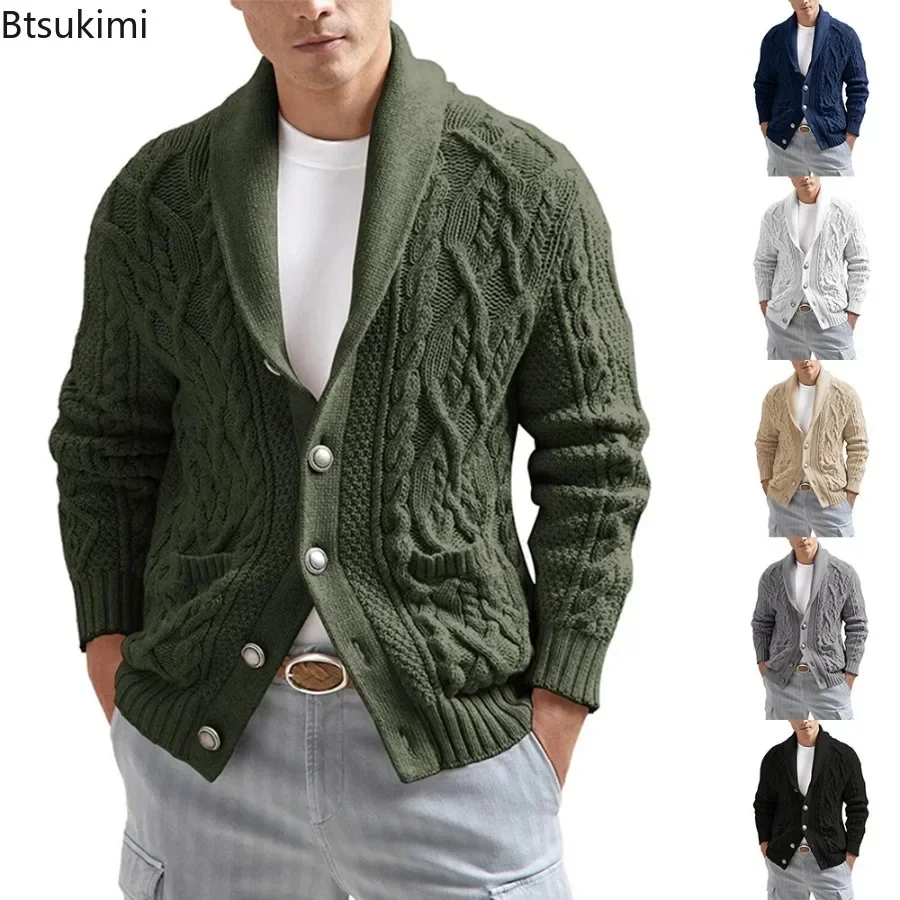 New 2024 Men's Solid Long Sleeve Knitted Sweater Coats Trendy Single Breasted Pocket Cardigan Tops Men Casual Versatile Sweaters