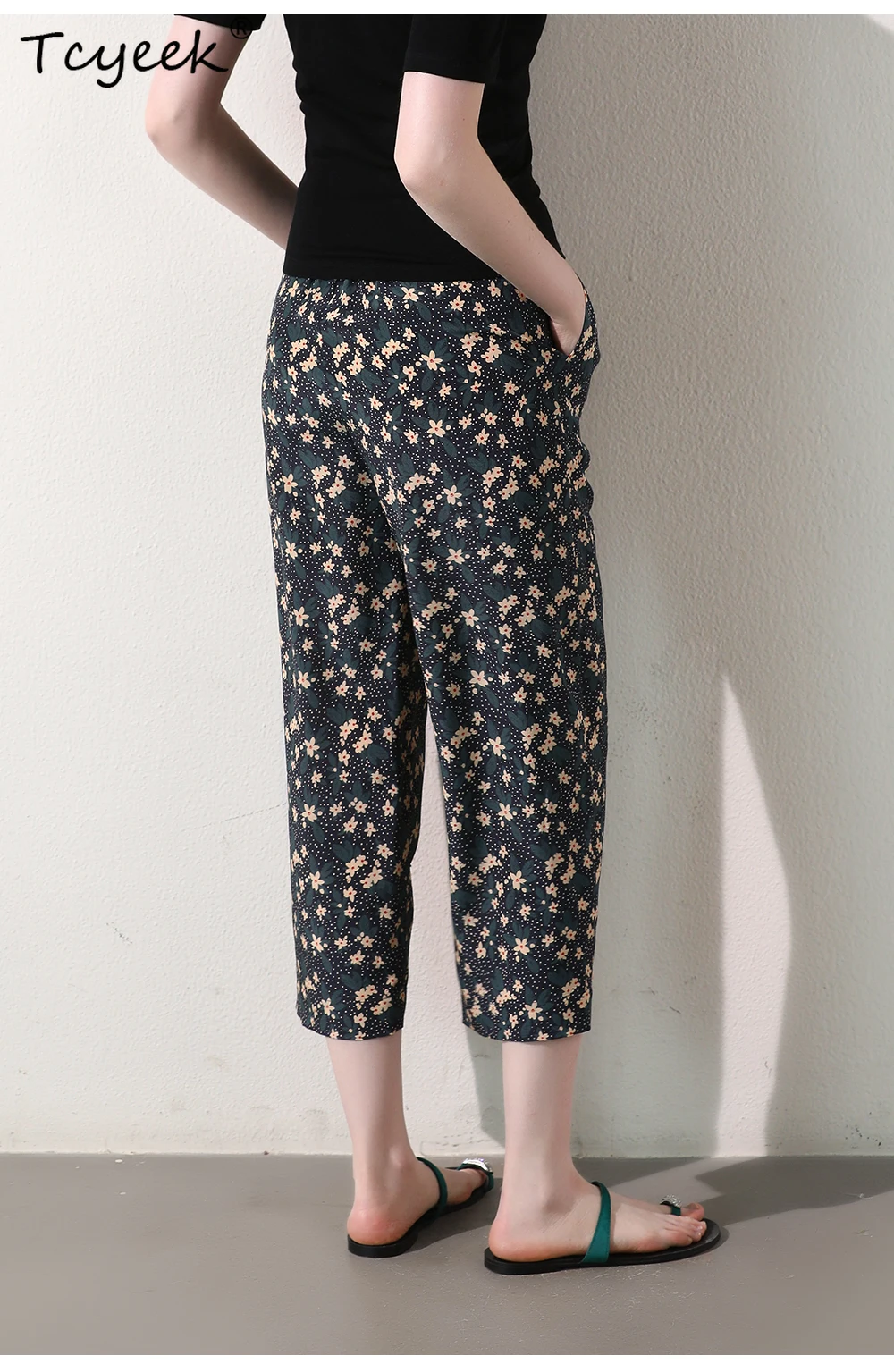 

Tcyeek, 100%Real Silk Casual Pants, Women High Waist Floral Printing, Straight OL Crepe Trouser, 2024 Summer Fall B550133QM