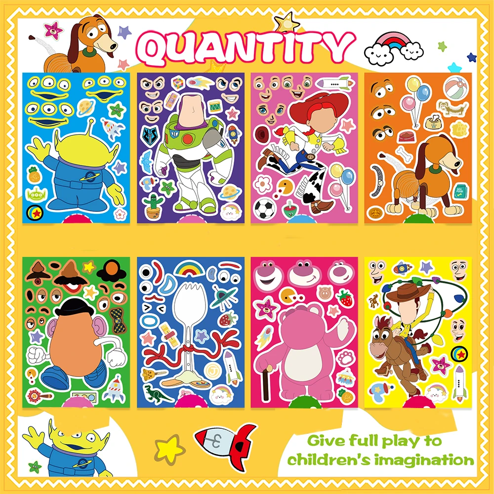 8/16Sheets Make a Face Toy Story Puzzle Stickers Disney Cartoon Assemble Jigsaw For Kids Boys Girls Party DIY Education Toy Gift