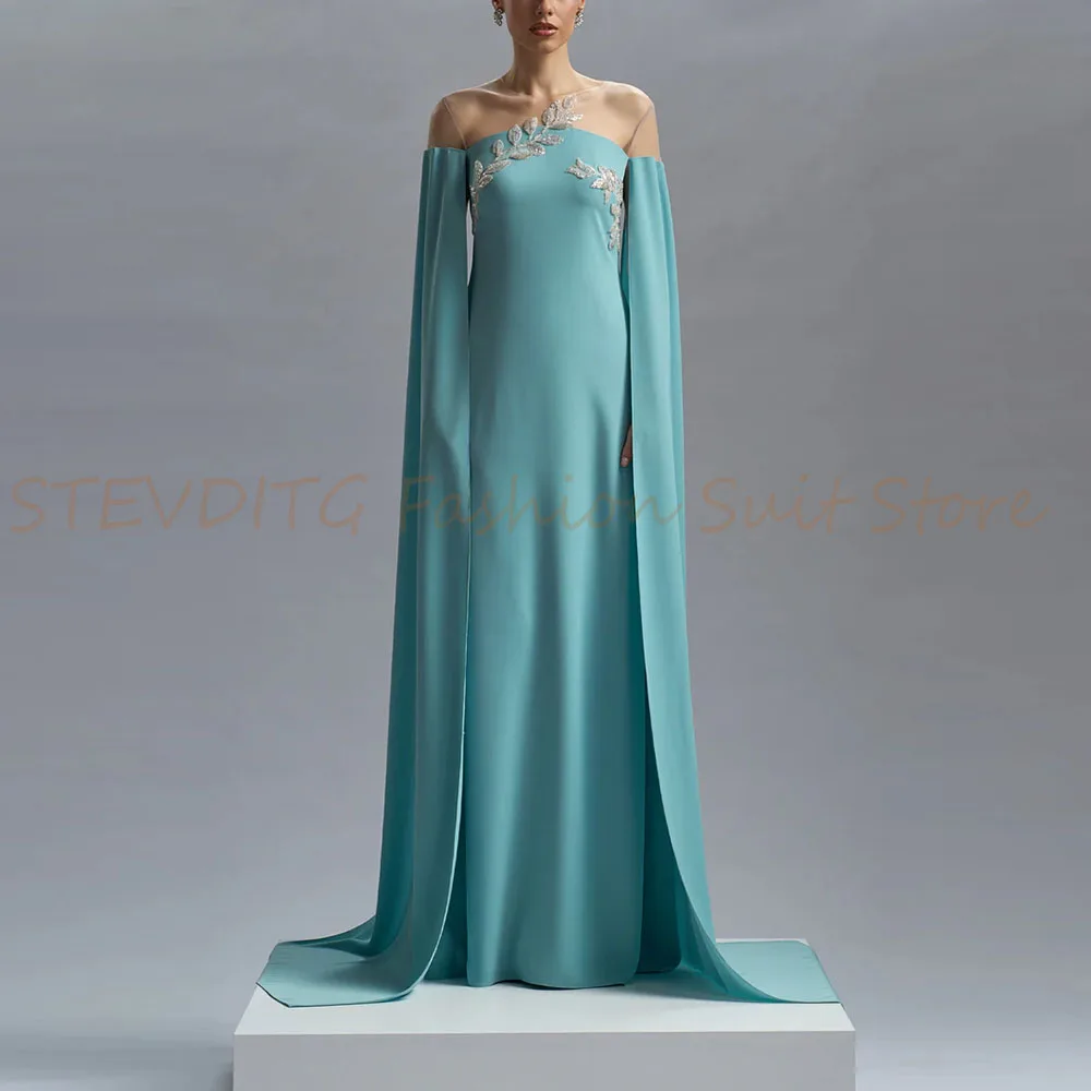 

Light Blue Evening Dresses Elegant Off The Shoulder Shawl Applique A-Line Dress For Special Occasion Chic Pleats Prom Party Gown