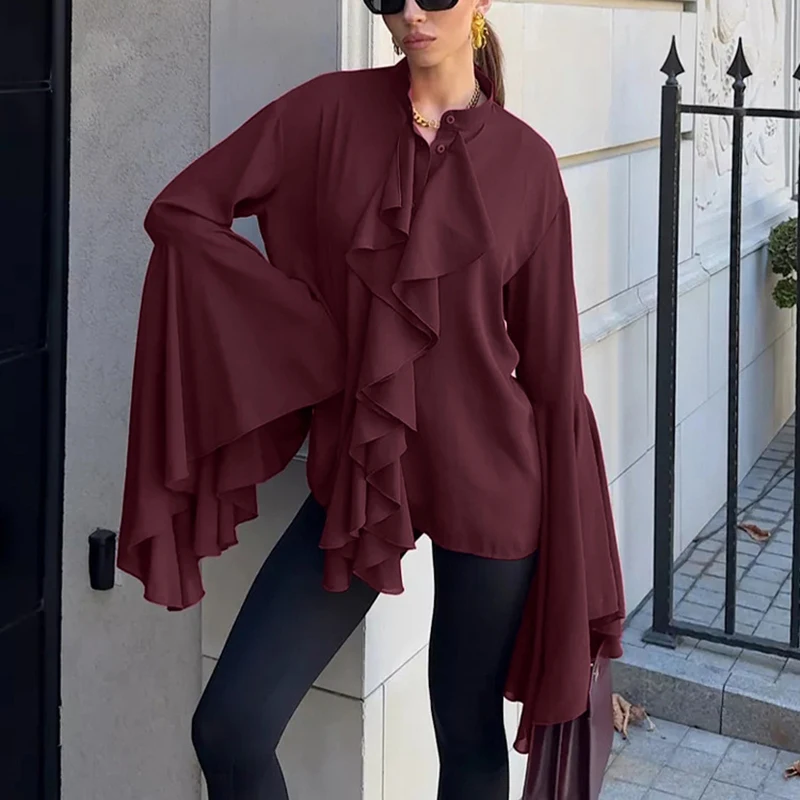 

Tornova Ruffled Chiffon T shirt Top For Women Flared Long Sleeves Solid Color Elegant Office Lady Blouse Pullover Female Fashion