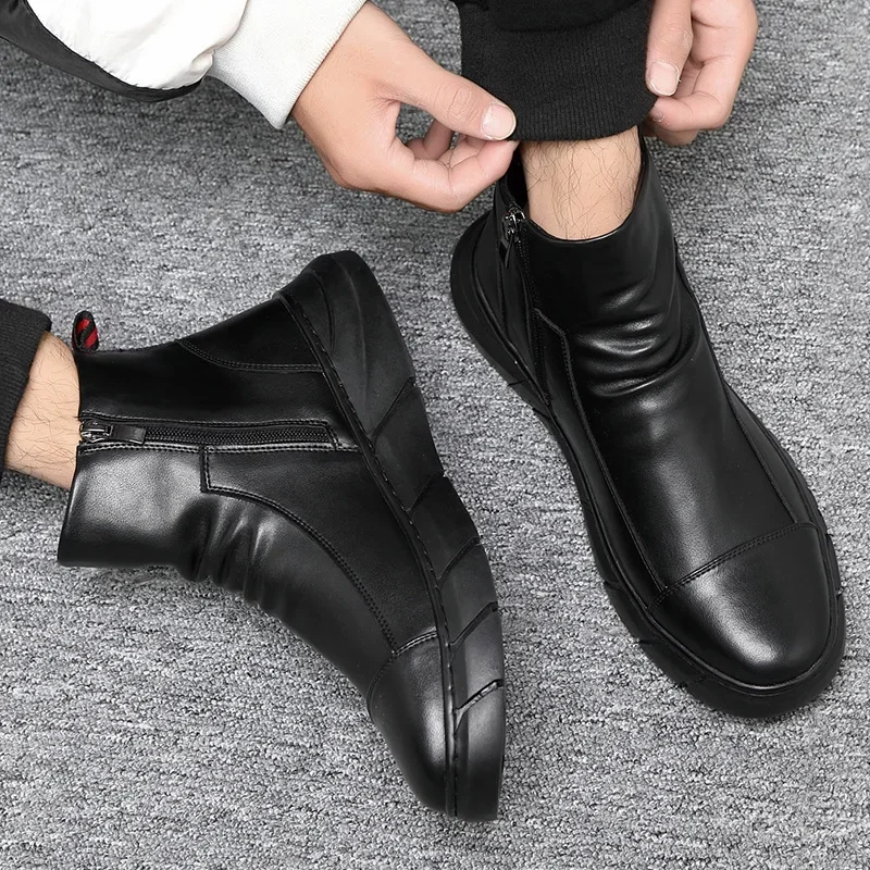 2024Men Chelsea Boots Slip-on Waterproof Ankle Boots Retro Black Men Fashion Boots Motorcycle Shoes Plus Size 48