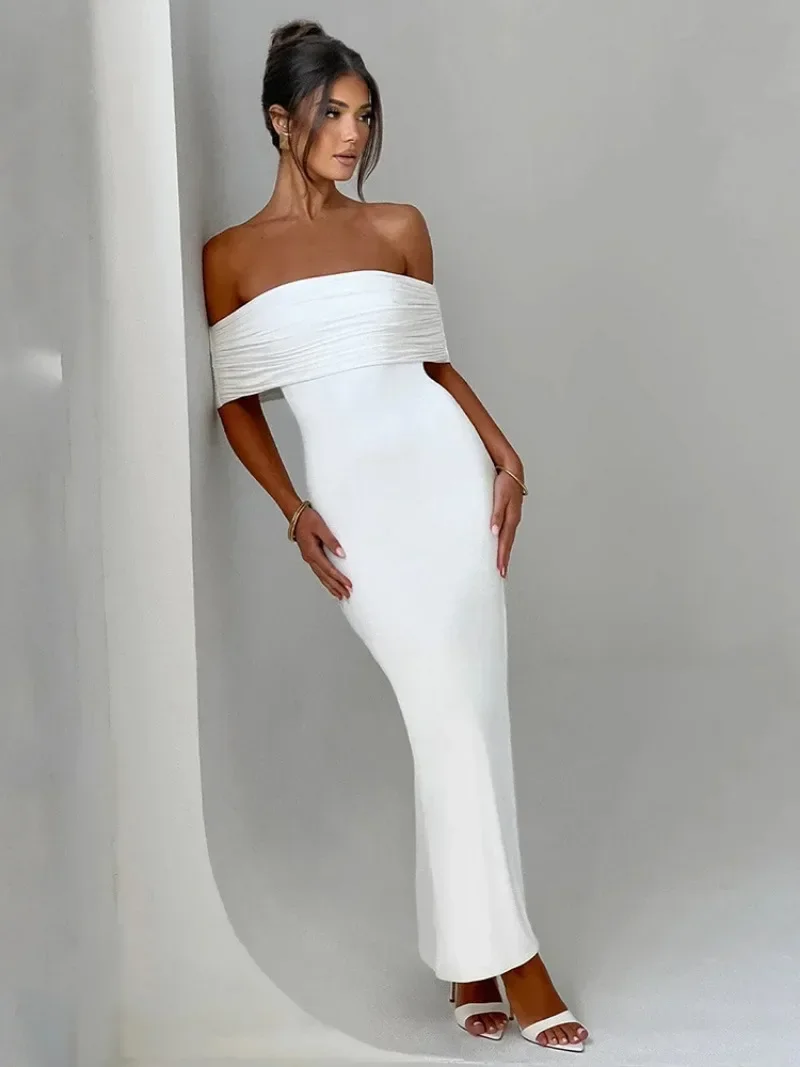 Woman Slash Neck Backless White Dress Evening Party Outfit Ladies Elegant High Waist Bodycon Folds Hollow Out Long Prom Dresses