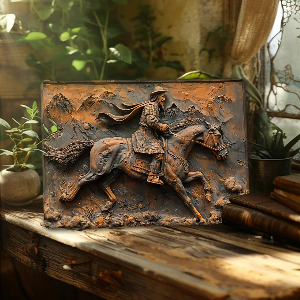 Vintage-Inspired Mongol Horseman Wall Art, Relief Sculpture, Rustic Home Decor - for Living Room, Bathrooms, and Gift Giving