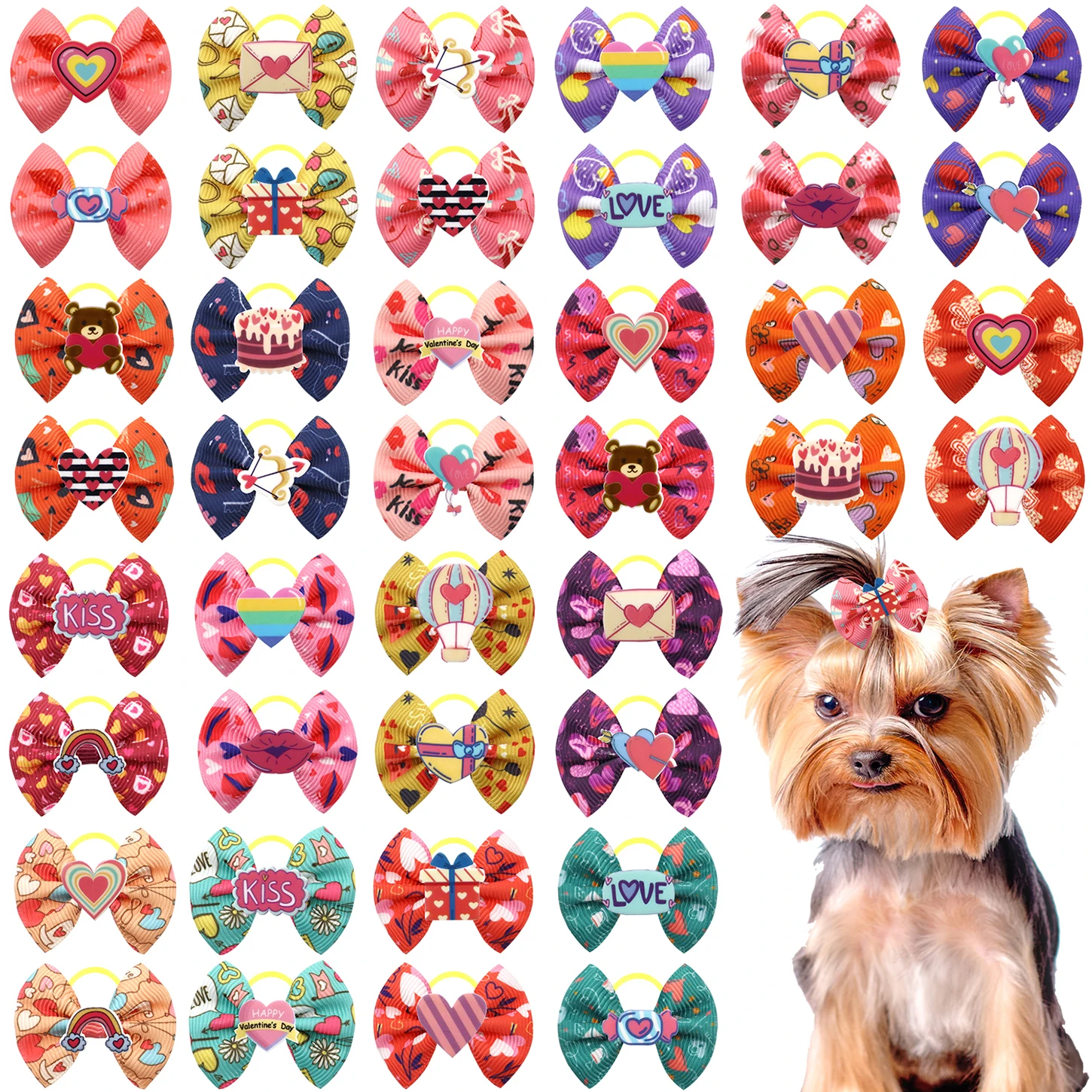 

50/100Pcs Valentine's Day Dog Hair Bows With Rubber Bands Lovely Pets Hair Grooming Bows Girls Dogs Cat Hair Bowknot Accessories