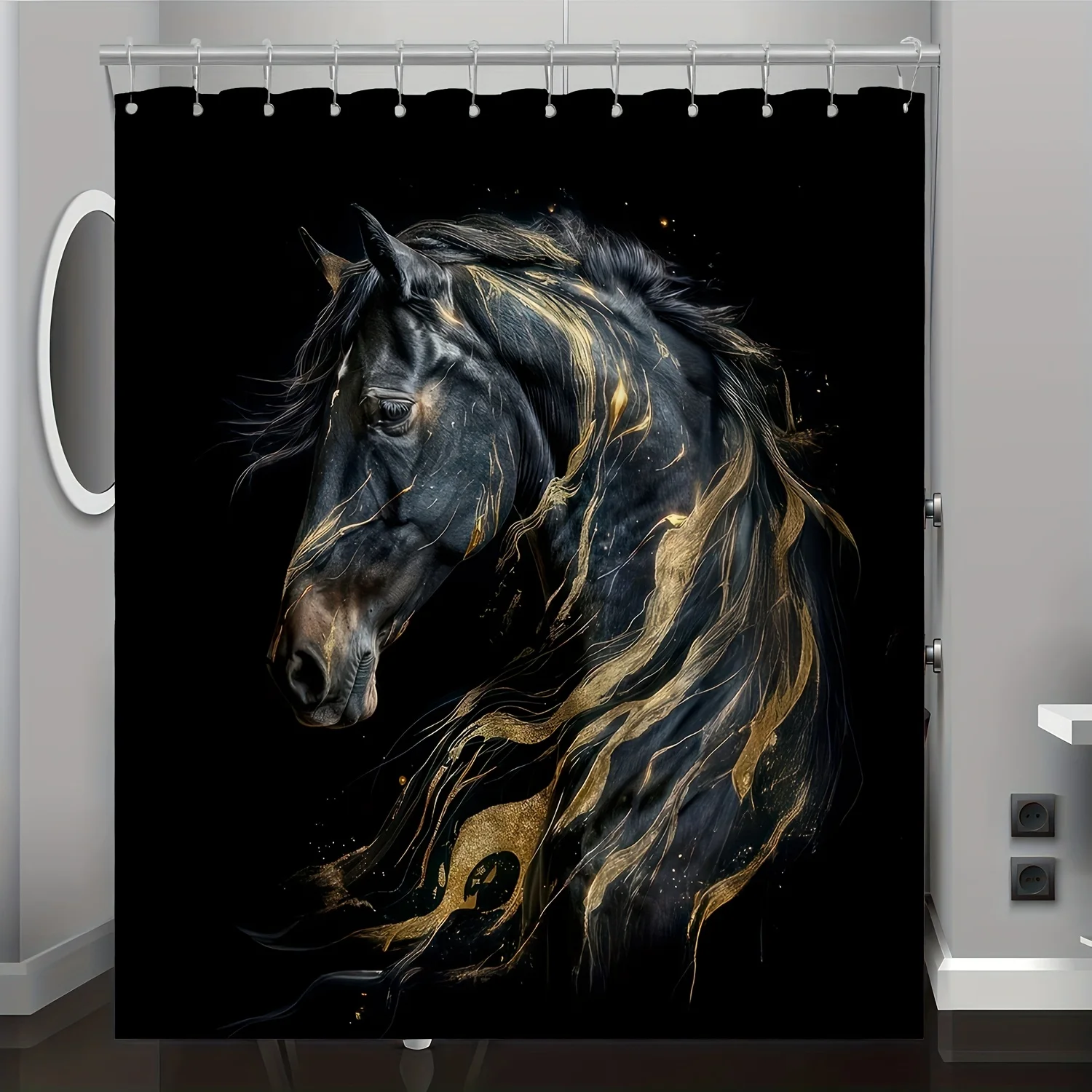

1pc Spring/Summer Black and Golden Horse Pattern Digital Print Shower Curtain, Bathroom Home Decor with Free Hooks, Machine Wash