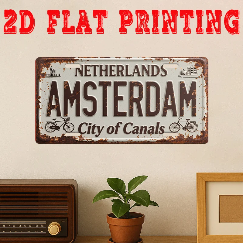 HD Aluminum Metal Sign, Amsterdam Netherlands City of Canals Vintage License Plate Style Wall Decor, Retro Bicycle Canal Waterfr