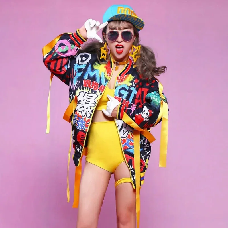 Mannen Jazzdans Hip Hop Persoonlijkheid Doodle Jas Nachtclub DJ Jas Vrouwen Losse Lint Kwastje Straat Dansen Podiumkostuums