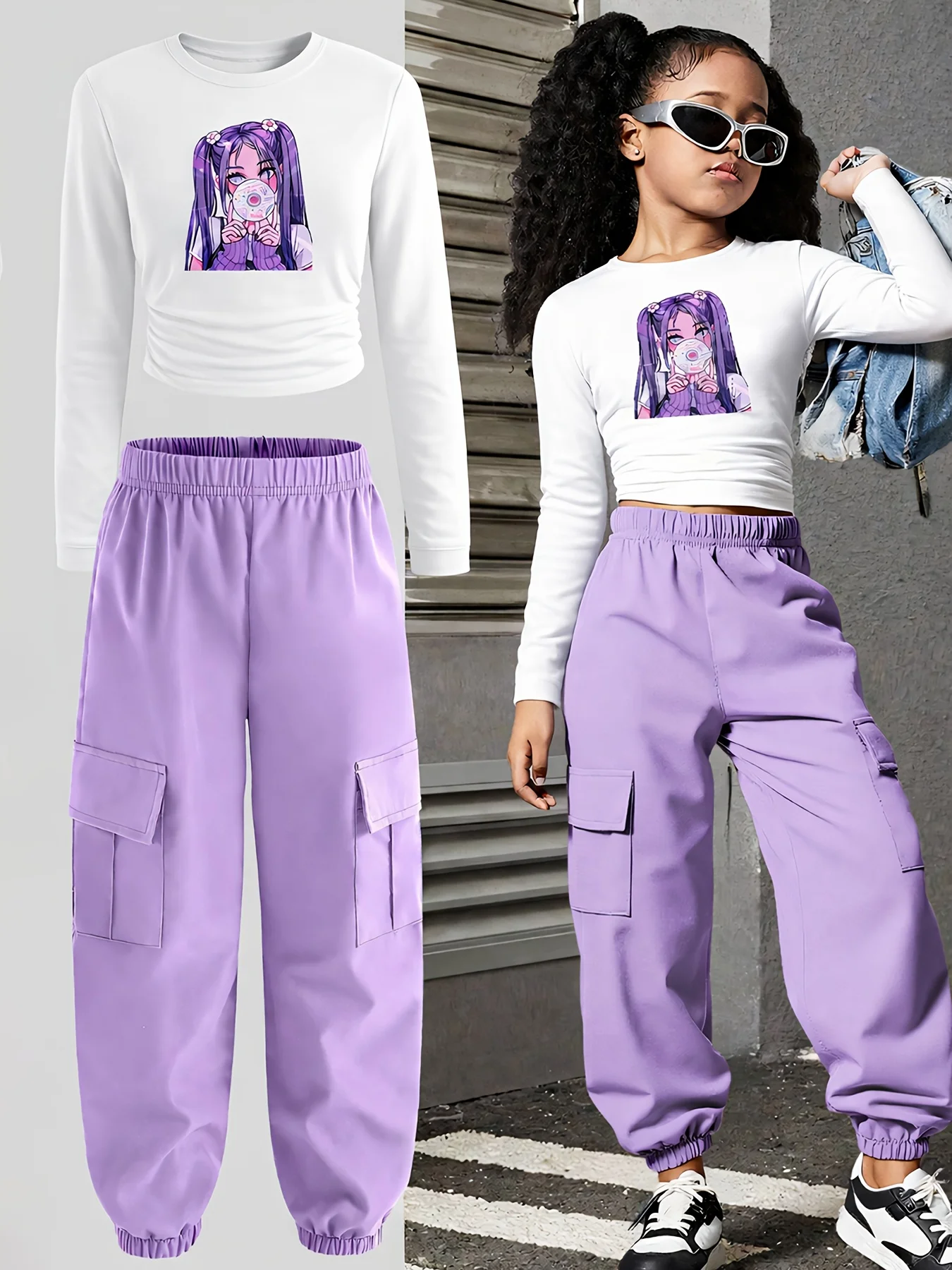 Girls' autumn outfit set: white printed long-sleeve T-shirt paired with lavender purple cargo pants, two-piece trendy Y2K girl style outfit suitable for children over 3 years old, versatile clothing