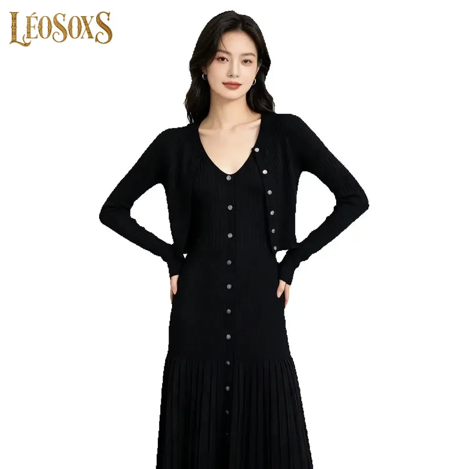 LEOSOXSHigh Quality Spring And Autumn New Fashionable Knitted Women's Round Neck Long Sleeved Top JacketSleeveless Dress Set