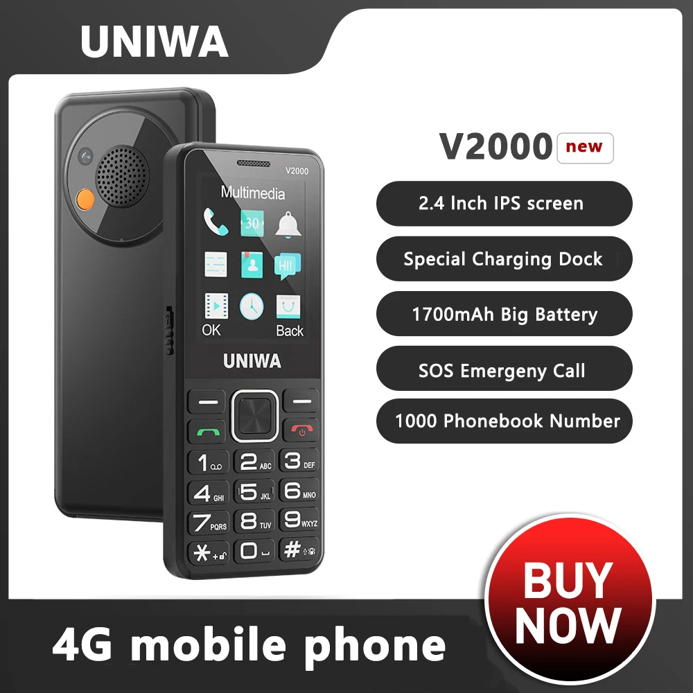 UNIWA V2000 4G-telefoon Dubbel scherm 0,3 MP camera Grote drukknop FM-radio Toetsenbord 1700 mAh Mobiele telefoon Ondersteuning met één klik bellen