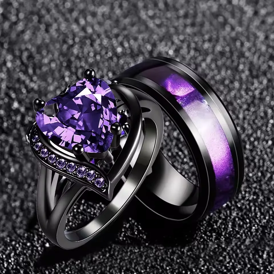 Fashion Couple Rings Romantic Women Heart Purple Rhinestones Zircon Ring Men's Women's Engagement Party Gift Jewelry Wholesale