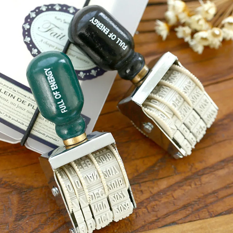 Retro Roller Date Stamp DIY Wooden Handle Date Digital for Craft Planner Scrapbooking Adjustable Date School Supplies Stationery