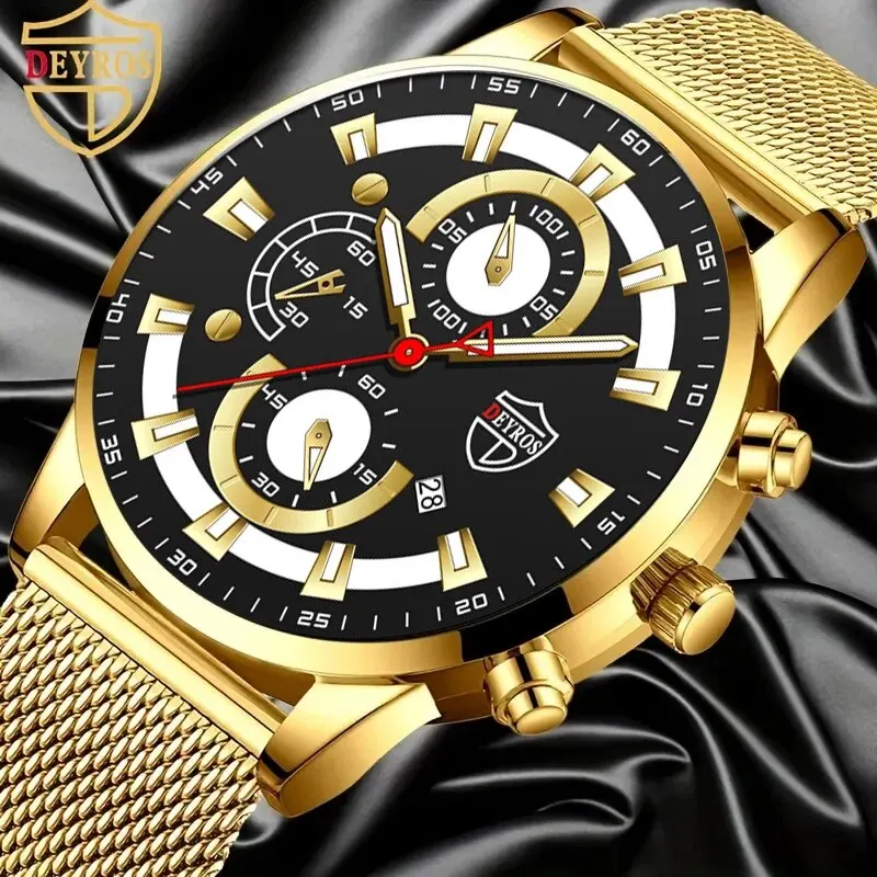 DEYROS Fashion Business Stainless Steel Mesh Belt Watches Calendar Luxury Gold Mens Quartz Wristwatch Men Casual Sports Watch