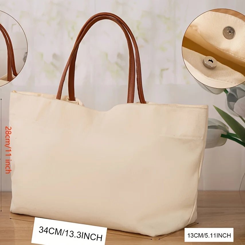 Personalized Custom Name Text Logo Canvas Tote Bag Heat Transfer Print Elegant Beach Wedding Shoulder Handbag Snap Closure Gift