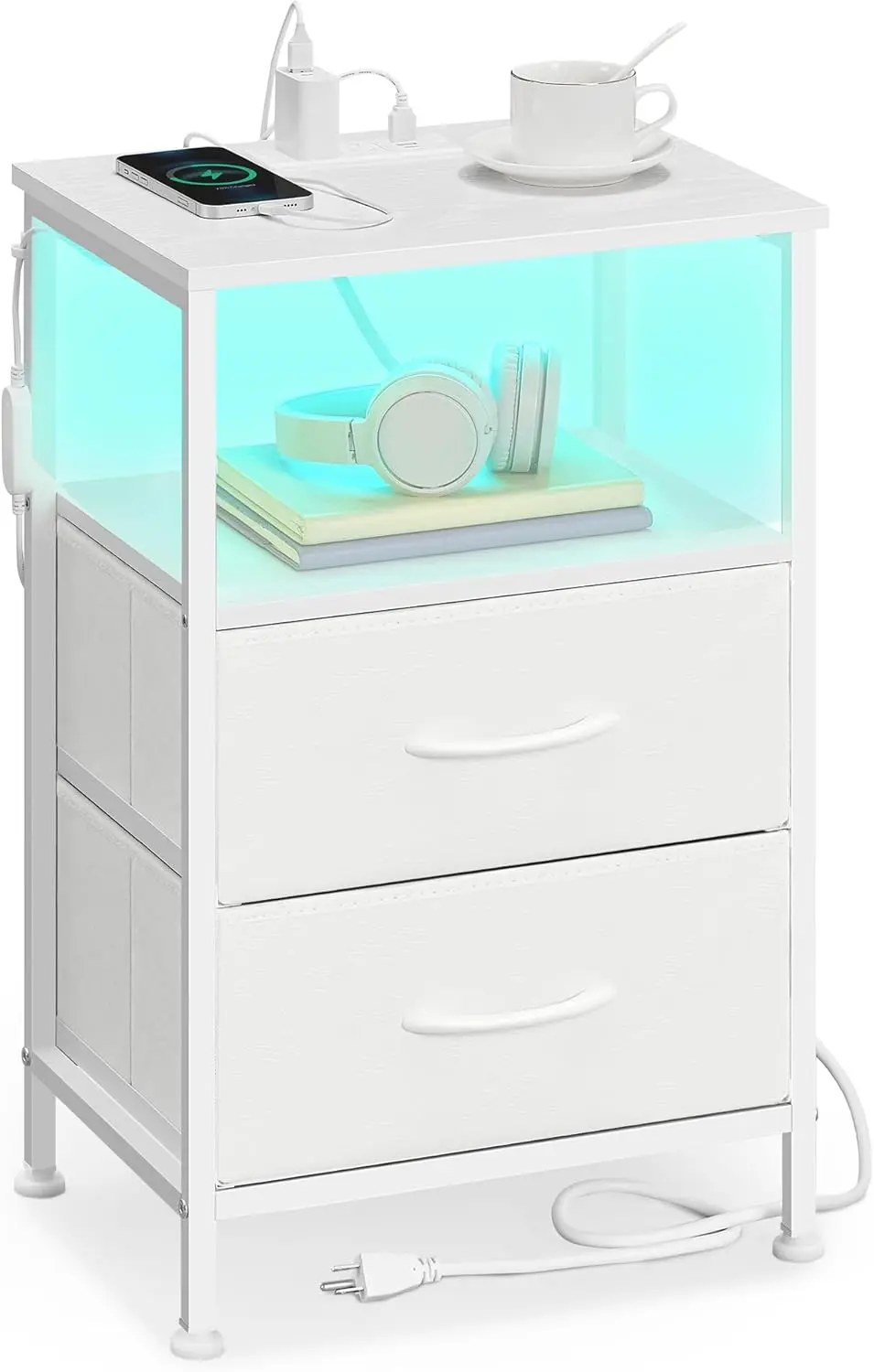 

Регулируемая прикроватная тумбочка со светодиодной подсветкой, зарядной станцией, 2 ящиками и открытой полкой для спальни, белая