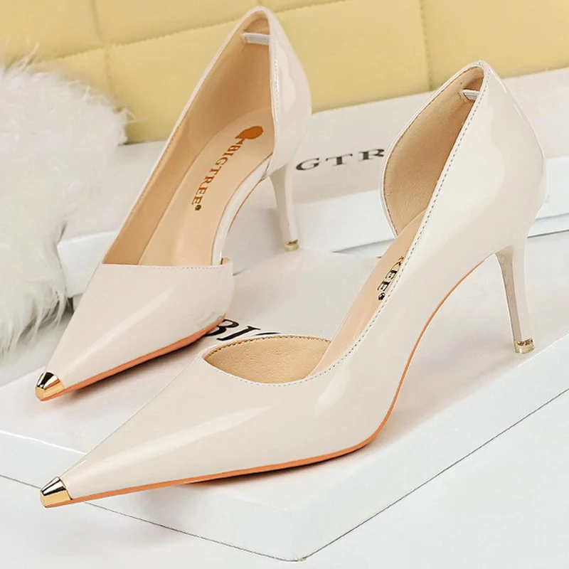 Patent Leather Shoes Women Pumps Metal Tip High Heels 7 Cm And 10.5 Cm Stilettos Sexy Party Shoes Kitten Heels Lady Office Shoes