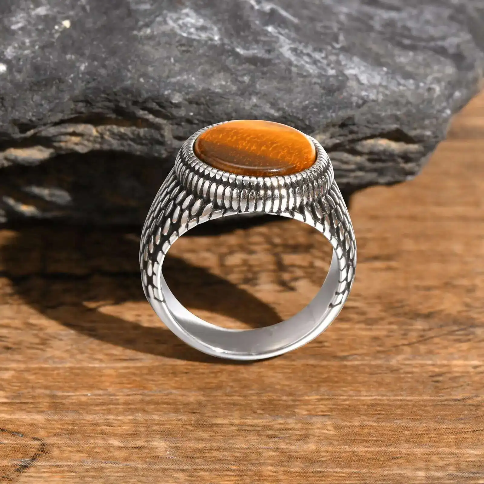 Men's Black Tiger Eye Stone Stainless Steel Signet Ring