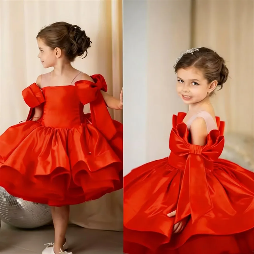 

Lovely Flower Girl Wedding Dress Satin Fluffy Evening Banquet Ball Gown Off Shoulder with Bow Baby Girls Birthday Party Dress