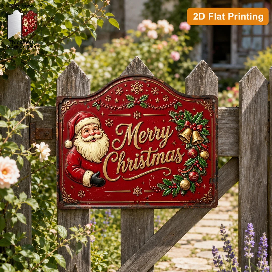 2D Flat - 【2D Flat】 1pc Retro Aluminum Santa Claus Merry Christmas Slogan Plaque (12'X9.8'), European Rustic Outdoor Wall Art Su