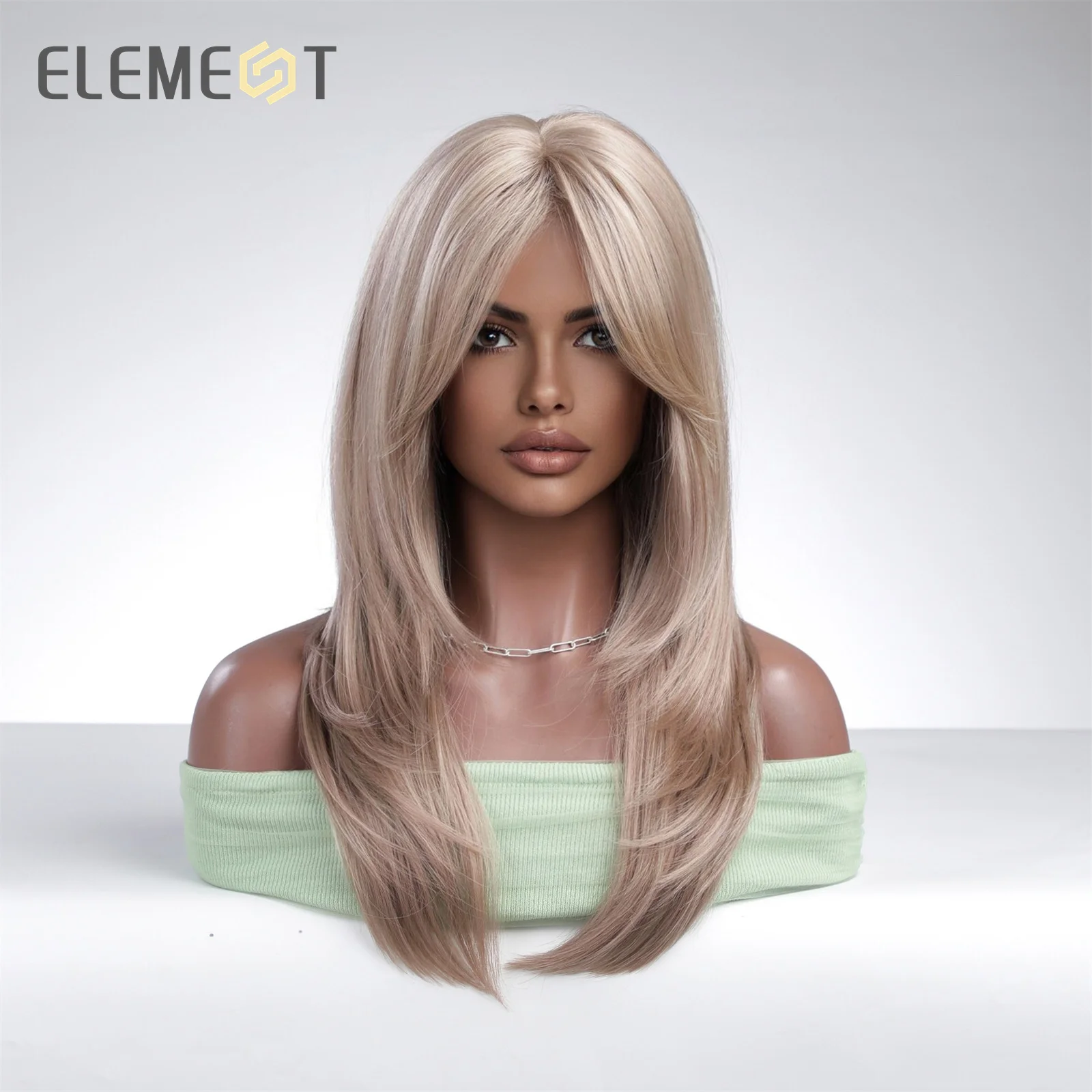 Element Synthetic Fiber Wigs for Women Long Straight Wavy Mixed Rose Blonde Wig with Bangs Heat Resistant  Natural Daily Party