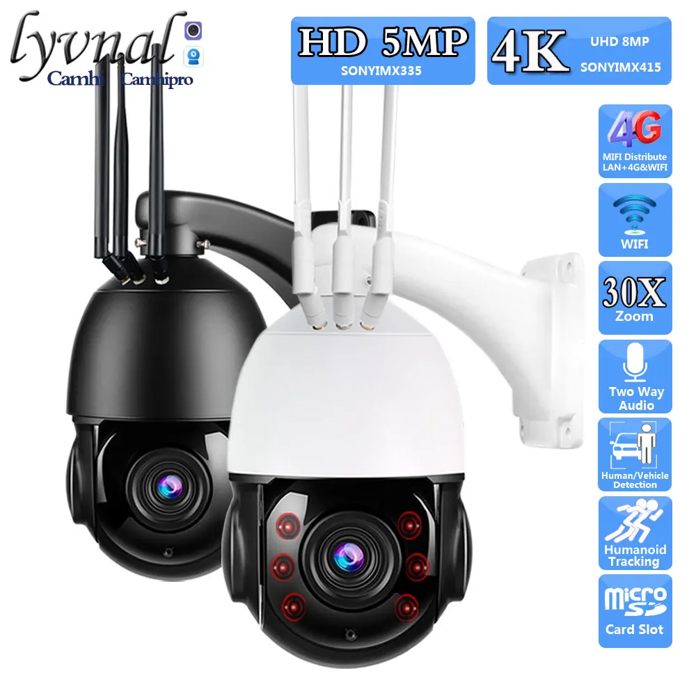 4K 8MP Sony415 3G 4G SIM Card Wireless Security Camera Wifi PTZ Dome 30X Auto Zoom 5MP POE Two Way Audio Human Tracking IR 80M