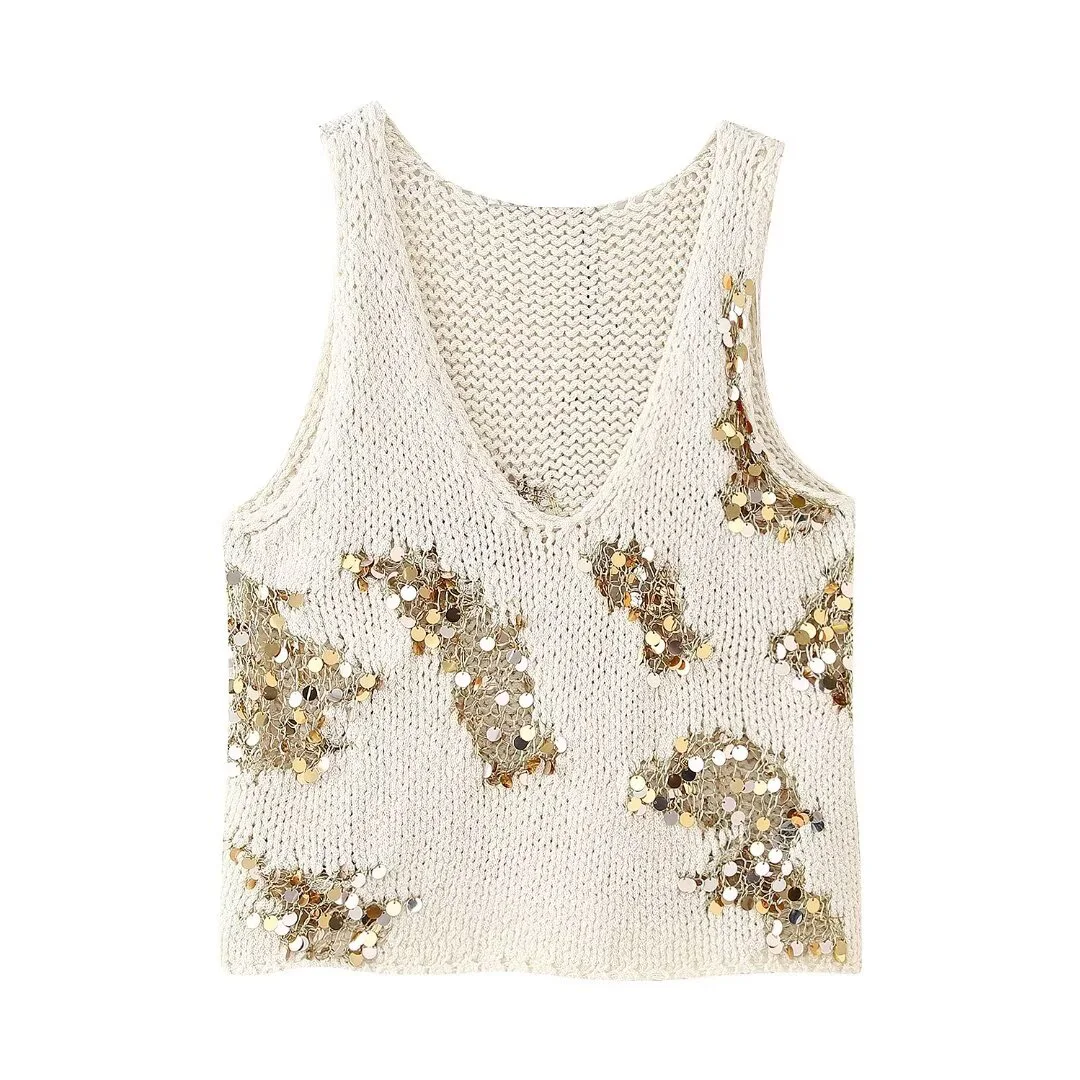 Tangada Women 2024 Pearl Knitted Sweater Jumper Sleeveless Female Crop Pullovers BE0142