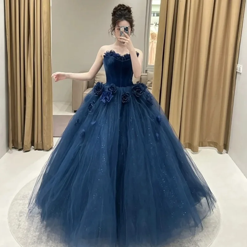 فستان سهرة فاخر باللون الأزرق بمزاج اجتماعي وخفيف الوزن للنساء، فستان كبير للتخسيس والولائم للعام الجديد بدون حمالات