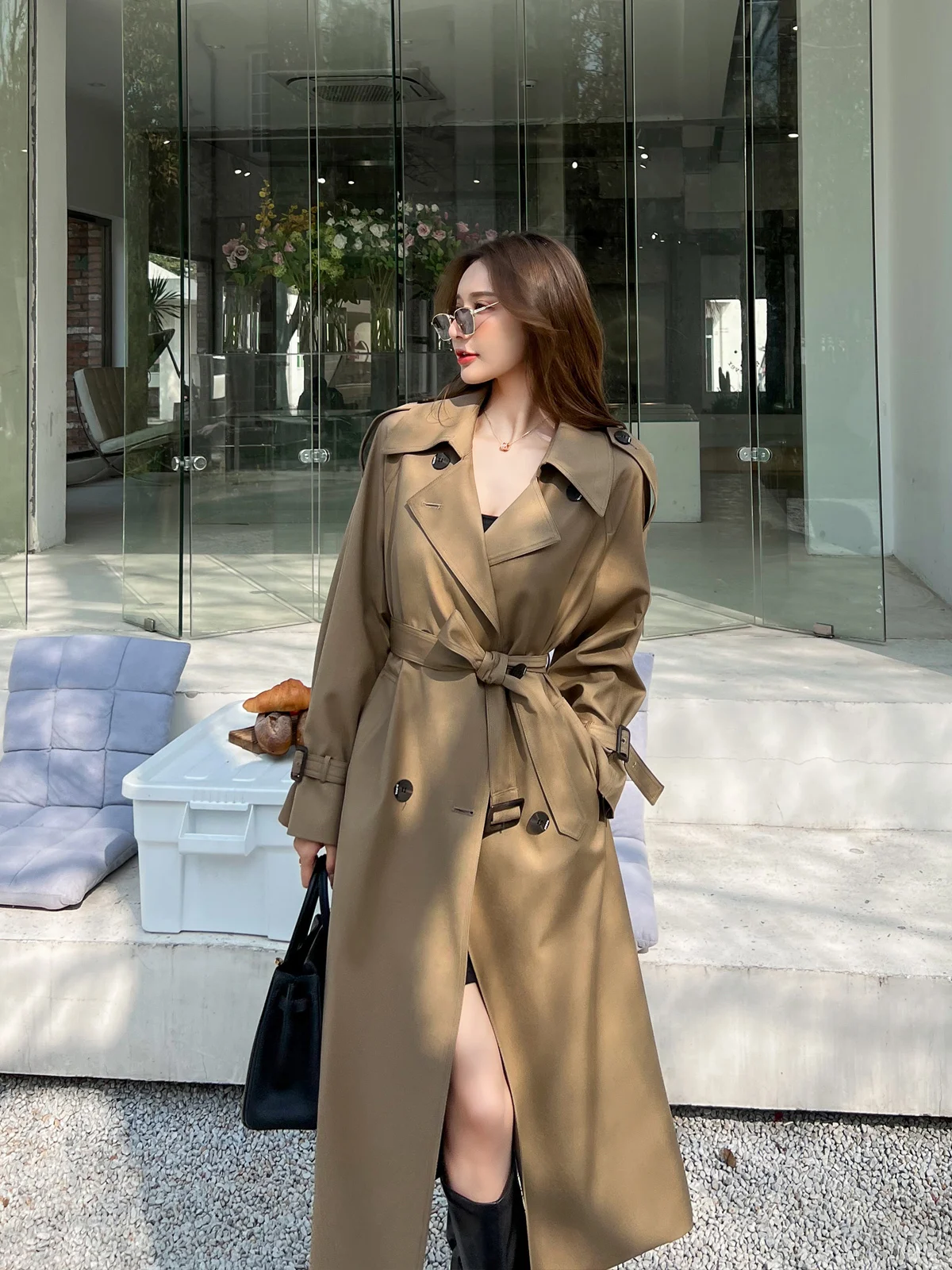 

Khaki Color Women's Long Coat Spring Autumn New Sle Loose Korean Version Faionable Windbreaker Outerwear Medium Length