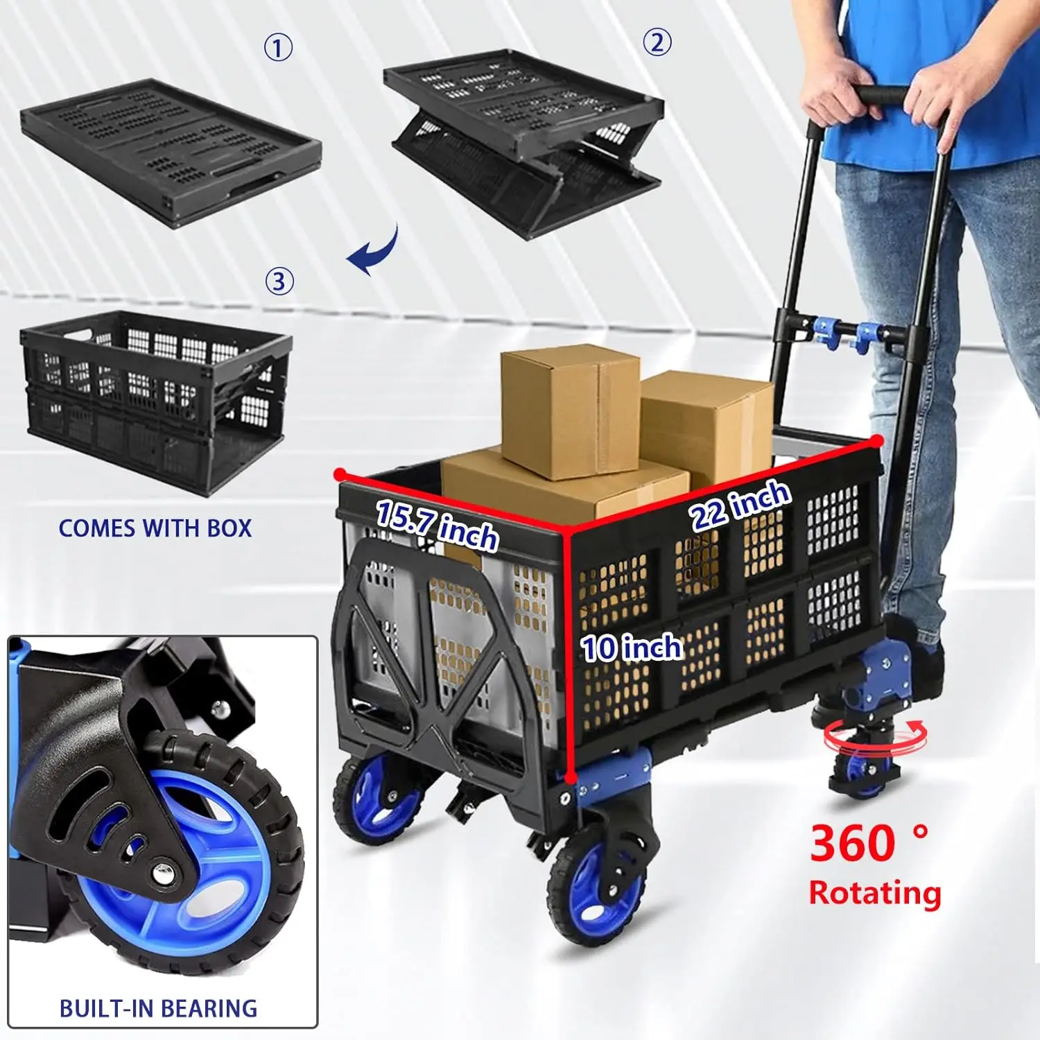 Folding Hand Truck Dolly with Folding Basket with Wheels 2 in 1 Platform Truck Push Cart Dolly with 4 Wheels Retractable Handle