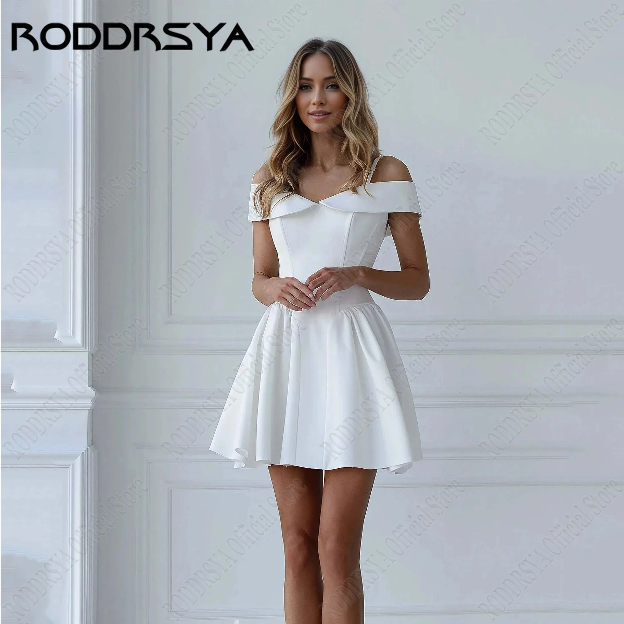 

RODDRSYA Short Satin V-Neck Wedding Dress Mini A-Line Off Shoulder Party Gown Simple Vestido De Novia Zipper Back Custom