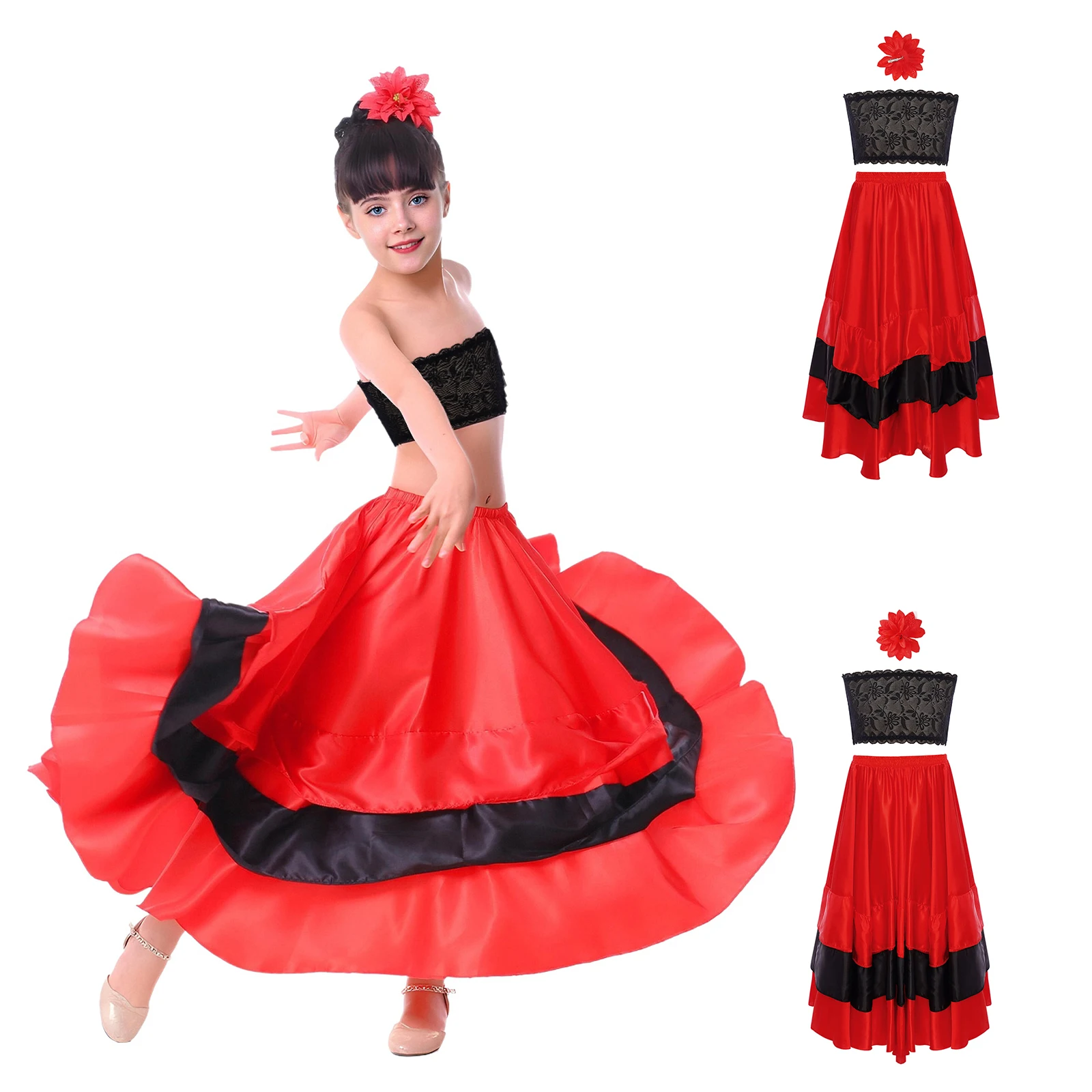 Crianças meninas flamenco espanhol tango salão de baile dança latina desempenho traje renda tubo superior com em camadas plissado tourada saia