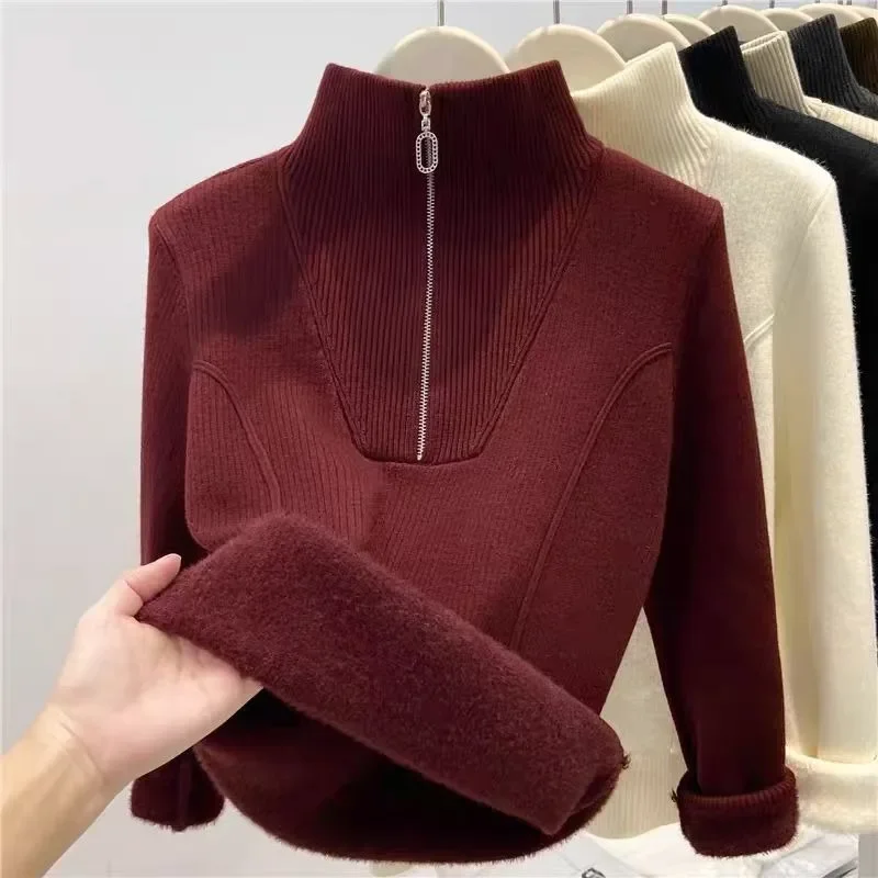 Winter Fleece-lined Warm Sweater Autumn Half Zip Stand Up Collar Sweater for Women Women Casual Loose Long Sleeves Pullover