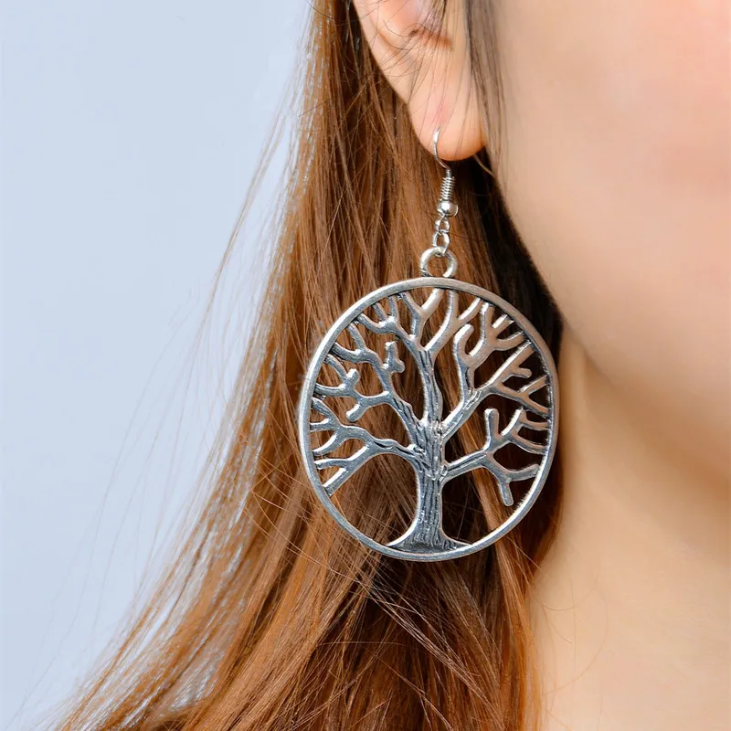 2026 Hot Popular Hollow Tree Design Round Shape Silver Color Earrings Women Jewelry Alloy Life Tree Earrings Bijoux As A Gift