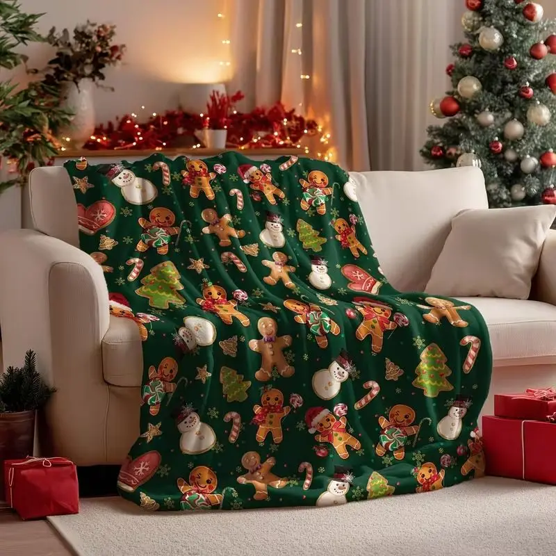 VIKAMA Christmas Gingerbread Man Flannel Throw Blanket Green Snowman Xmas Candy Tree Print Sofa Bed Cover Holiday Home Decor