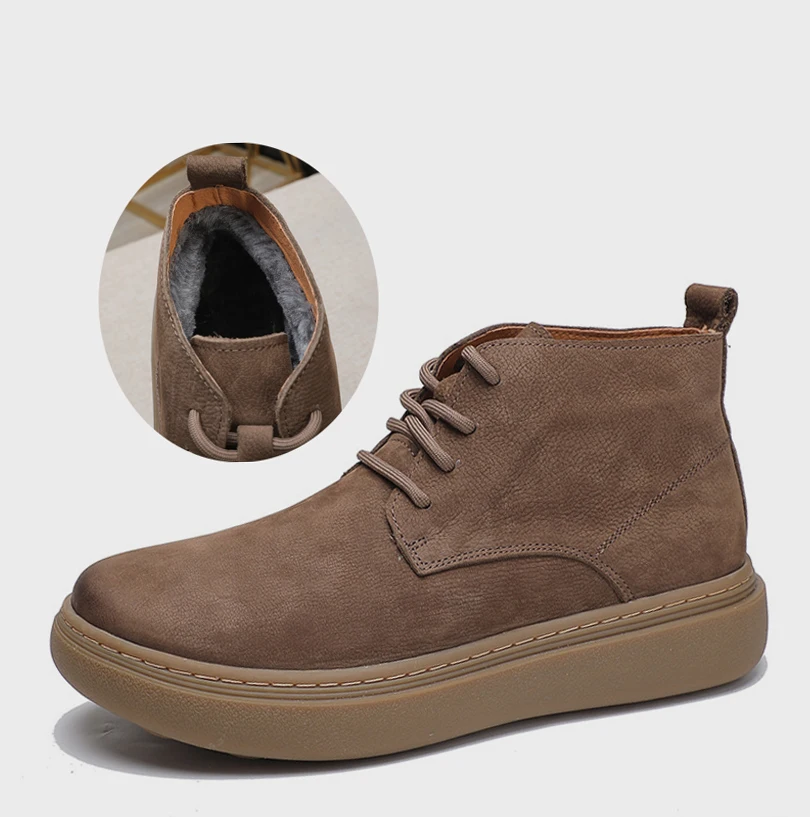 LIHUAMAO Cow Leather fur lining work boots men shoes winter snow boots platform motorcycle boots outdoor footwear hiking shoes