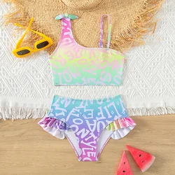 Set Bikini per ragazze adolescenti costume da bagno a due pezzi stampato con lettera arruffata per costumi da bagno per ragazze 5-15 anni