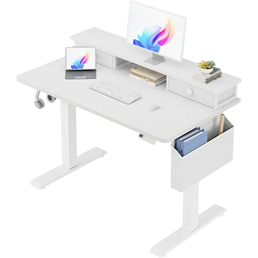 

Белый электрический регулируемый по высоте стол-трансформер с полками - 40-дюймовый компактный стол для работы стоя с подставкой для монитора и местом для хранения, для дома или офиса