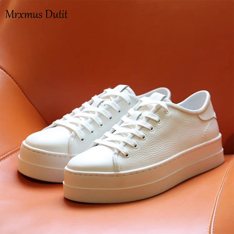 Mrxmus 2023 Autumn New Women Genuine Leather White Flats Shoes Solid Basic Sneaker Versatile Casual Simple Skate Shoes Female