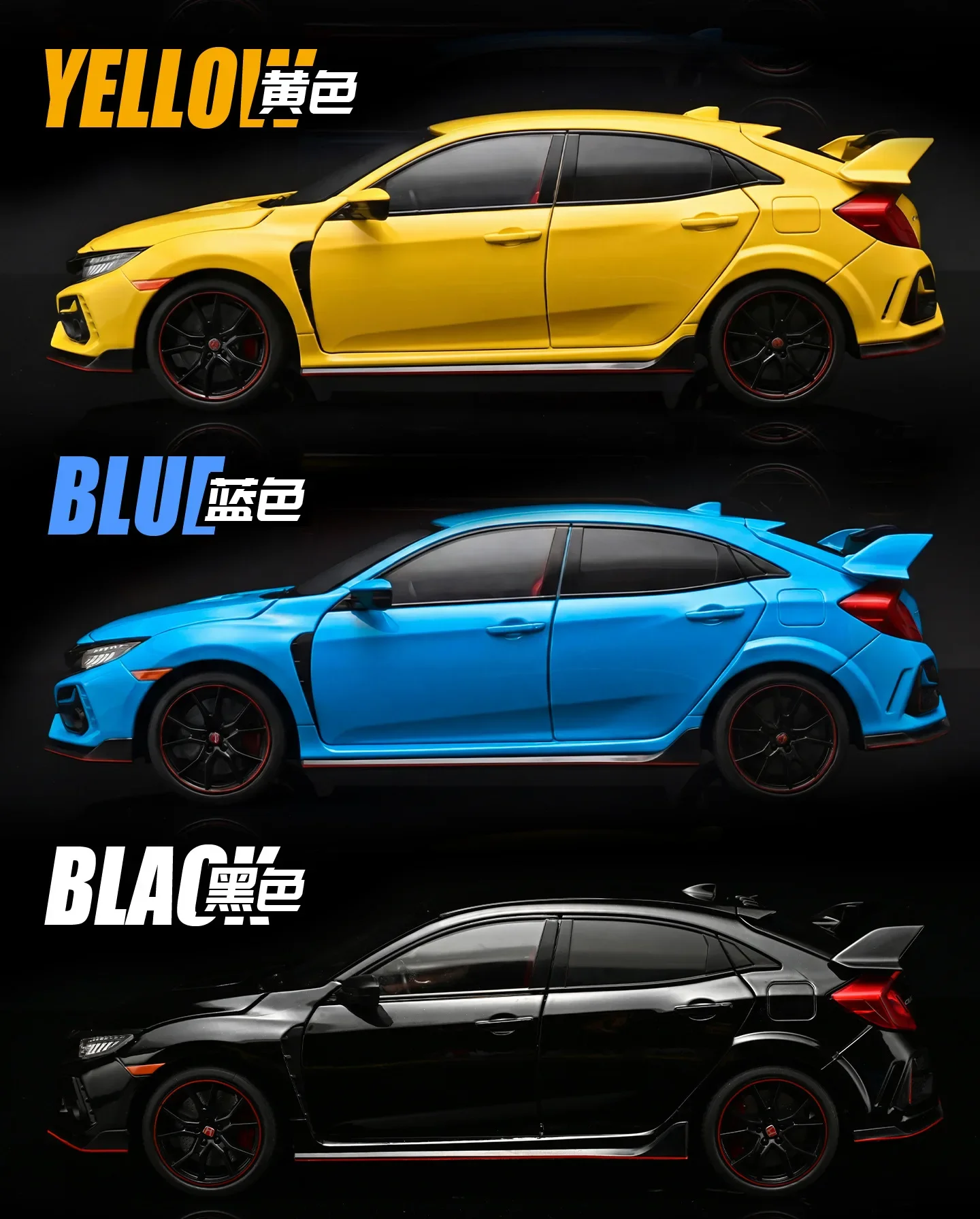 1:18 Honda Civic Type R Alloy Car Model Slide Multi-door Light Toy Ornament Diecast Alloy Car Model Collectible Gift