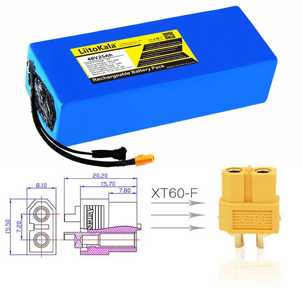 LiitoKala 48V 25ah 21700 5000mAh 13S5P Lithium Battery Pack 48V 25AH 1500W electric bicycle battery Built in 30A BMS T/XT90/XT60