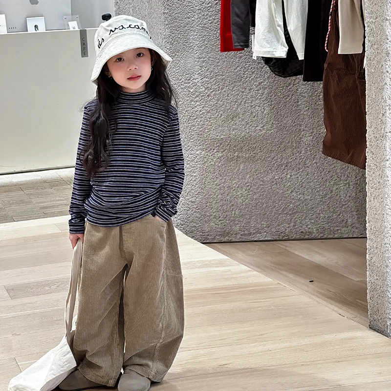 Children's Versatile Mousse Cashmere Long-sleeved Top for Boys and Girls with Medium-neck Striped Bottoming Shirt