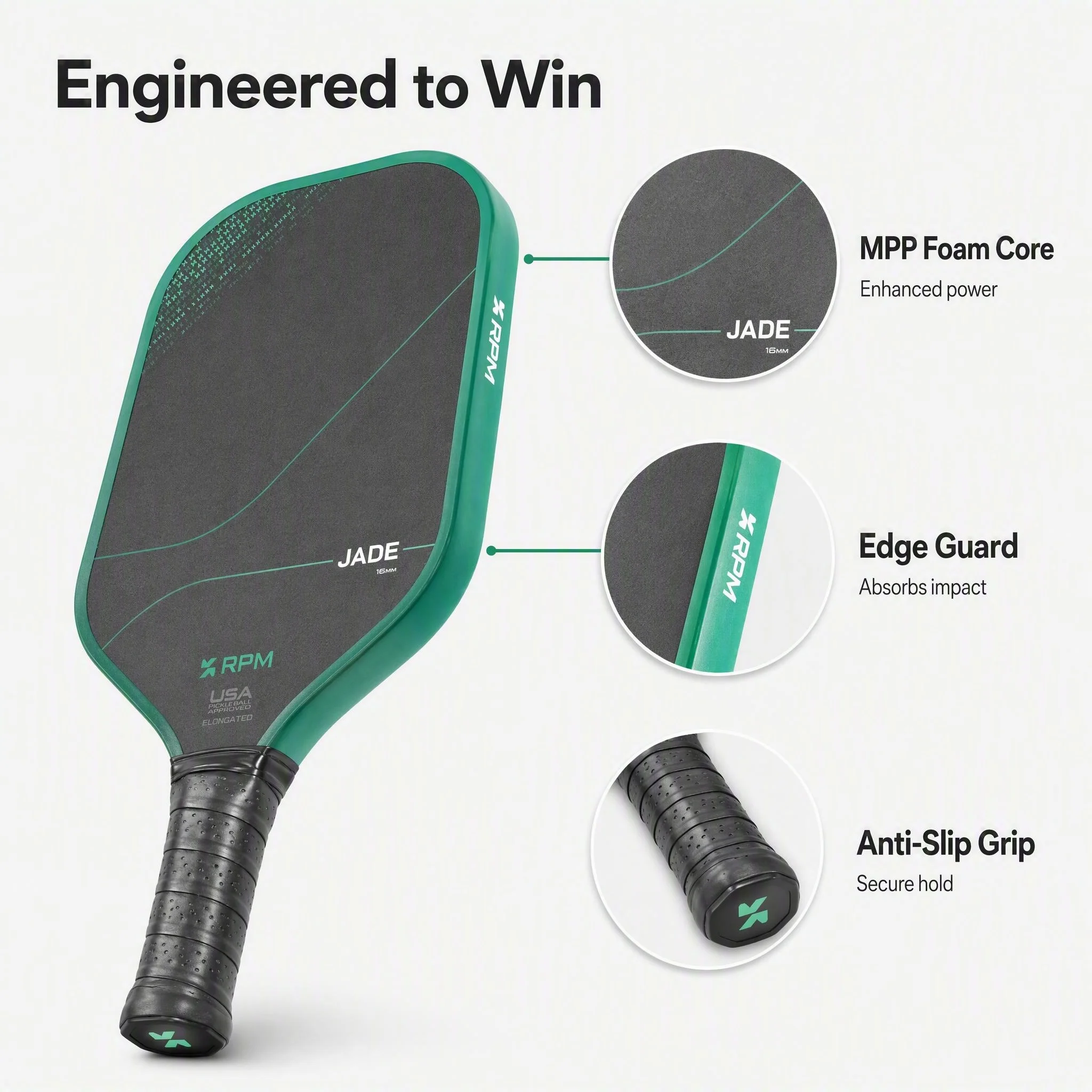 Rpm Jade Pickleball Paddle, T700 Carbon Fiber Diamond Sand Face, Mpp Foam Core, High Elasticity and Spin, Ideal for Competitive