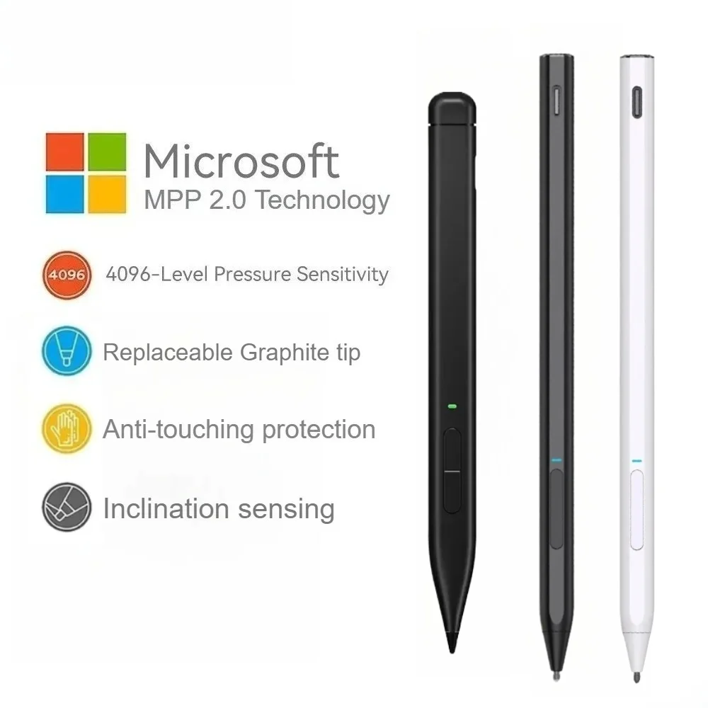 4096 Pressure Slim Pen 2 for Eraser & Palm Rejection Thin Stylus for Surface Pro 11/10/9/8/7 Laptop Studio Book Duo Asus/HP/Dell
